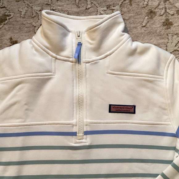 NWT Vineyard Vines Cream and Blue, Green Striped Quarter-Zip - Picture 2 of 10